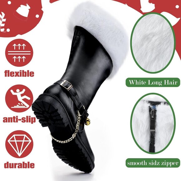 Men's Black Brass Bells Premium Faux Leather Wide Calf Santa Combat Shoes - Picture 5 of 8